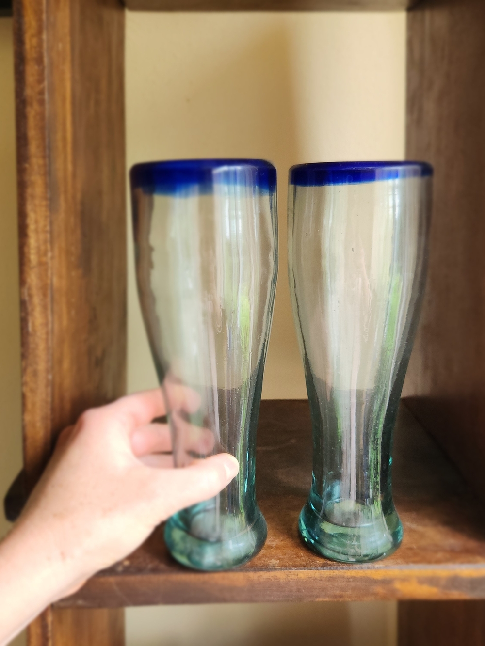 Handblown Glass Pilsner Set with Blue Rim
